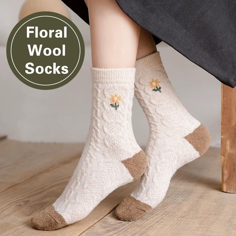 MarJunSep Wool Fall Boot Socks Women Teen Girls Thick Knit Vintage Cute Floral Cottage Core Boho Winter Warm Crew Socks - Image 3